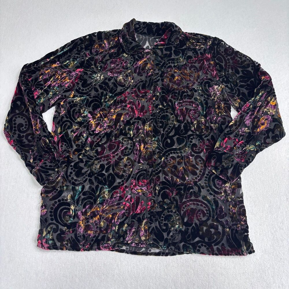 Velvet Burnout Long Sleeve Blouse Women's Large Black/Multi Whimsygoth Sheer